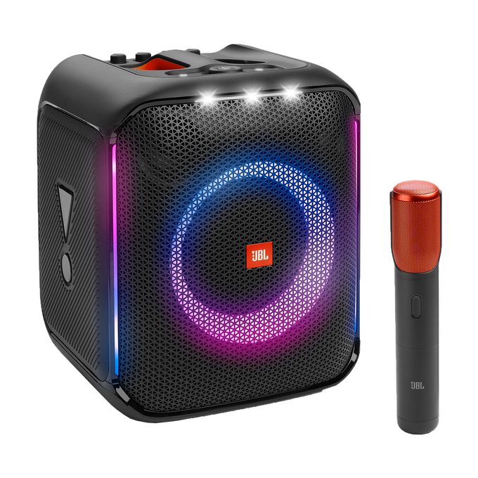 JBL PartyBox Encore  Altavoz para fiestas portátil con un potente sonido  de 100 W, juego de luces dinámico incorporado, micrófono inalámbricos  incluidos y diseño resistente a salpicaduras.